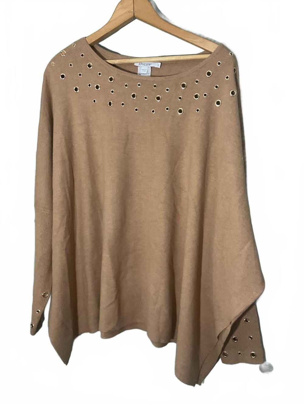 Chico's XL Tan Poncho Sweater with Gold Eyelet Details